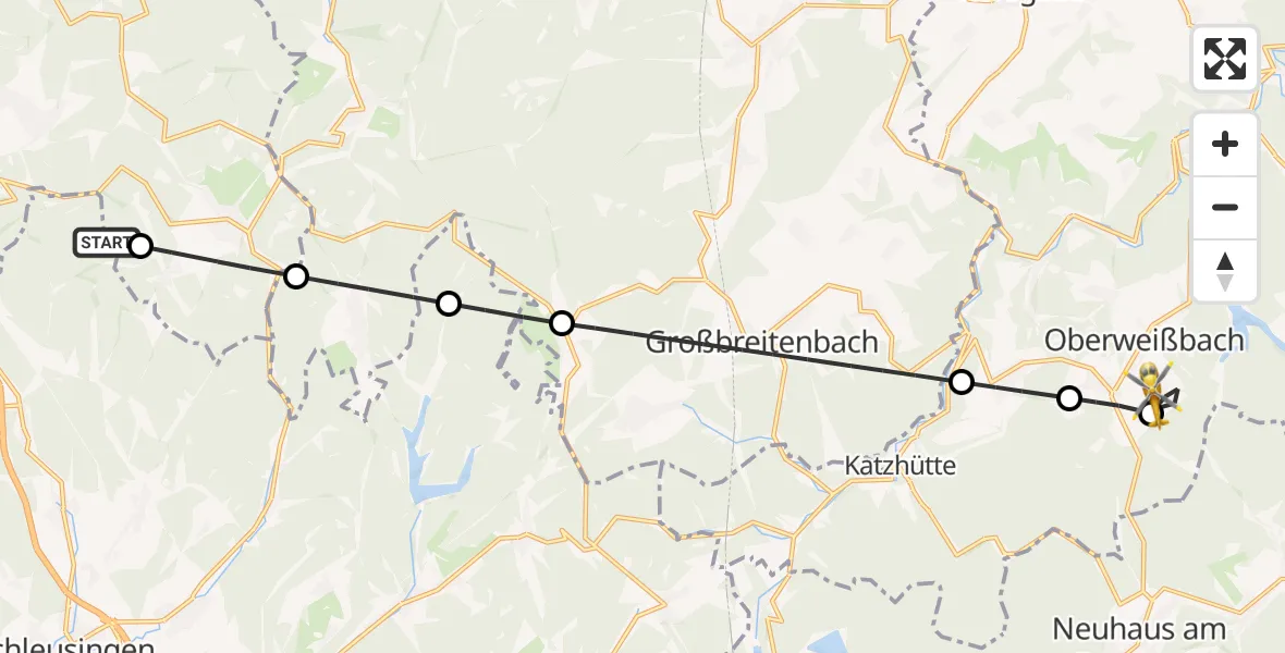 Flugroute Rettungshubschrauber Schleusingen - Deesbach, 29 Juni 2026, 05:32