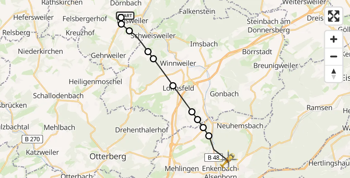 Flugroute Rettungshubschrauber Imsweiler UL - Enkenbach-Alsenborn, 29 Juni 2026, 05:35