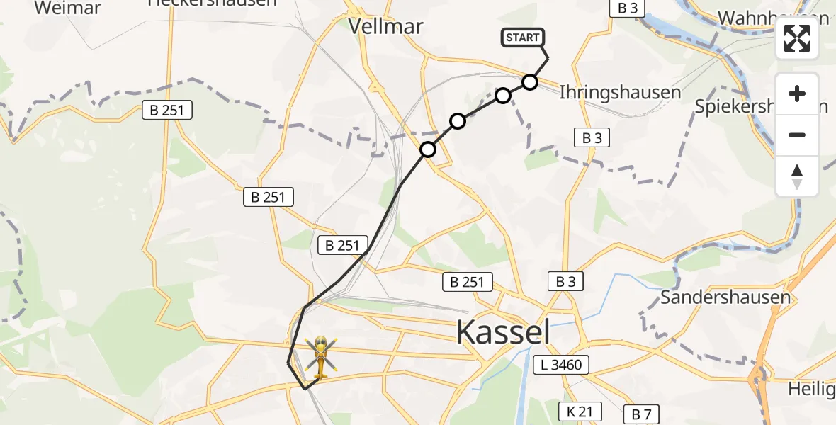 Flugroute Rettungshubschrauber Fuldatal Bundespolizei Hubschrauberlandeplatz - Kassel, 29 Juni 2026, 05:37