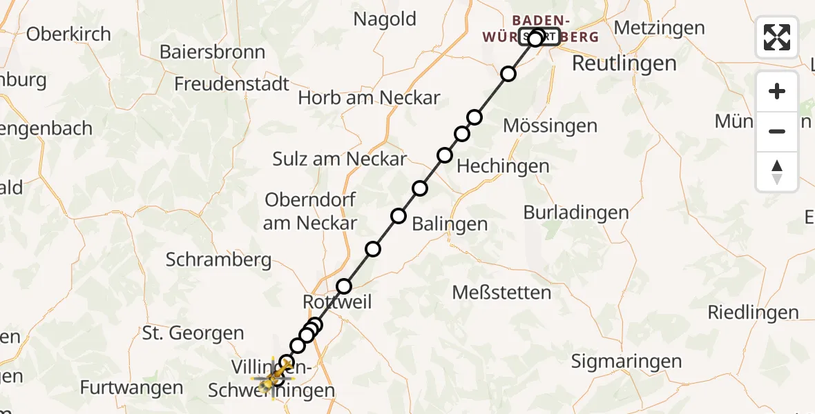 Flugroute Ambulanzhubschrauber Tübingen University Hospital - DRF Air Rescue Station Villingen-Schwenningen Hubschrauberlandeplatz (Christoph 11), 29 Juni 2026, 05:44