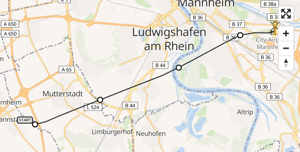 Flugroute Rettungshubschrauber Dannstadt-Schauernheim - Mannheim-City Flughafen, 29 Juni 2026, 05:46