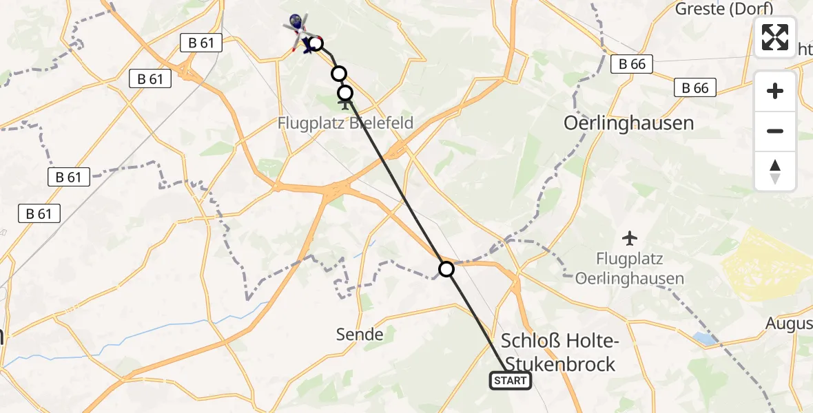 Flugroute Polizeihubschrauber Schloß Holte-Stukenbrock - Luftrettungszentrum Bielefeld, 29 Juni 2026, 05:50