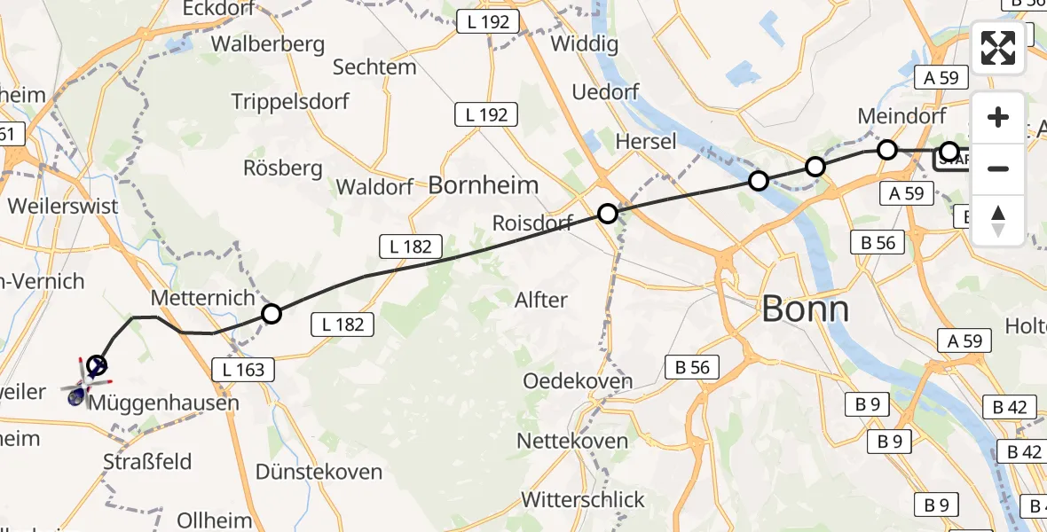 Flugroute Polizeihubschrauber Bonn-Hangelar Flugplatz - Weilerswist UL, 29 Juni 2026, 05:56