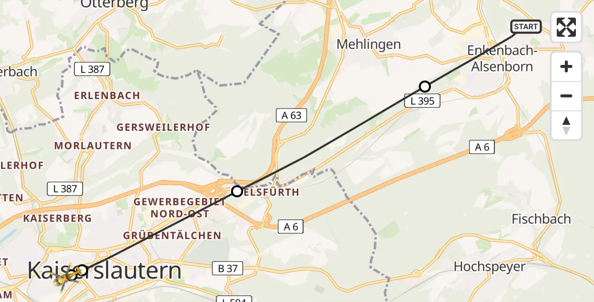 Flugroute Rettungshubschrauber Enkenbach-Alsenborn - Westpfalz Hospital Kaiserslautern, 29 Juni 2026, 06:00