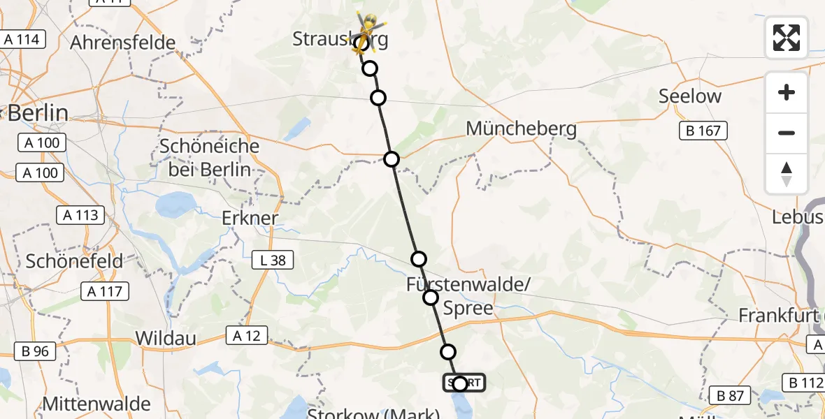 Flugroute Rettungshubschrauber Bad Saarow Hospital - Strausberg Flugplatz, 29 Juni 2026, 06:07