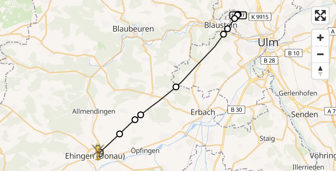 Flugroute Rettungshubschrauber Ulm Military Hospital Emergency - Ehingen (Donau), 29 Juni 2026, 06:08