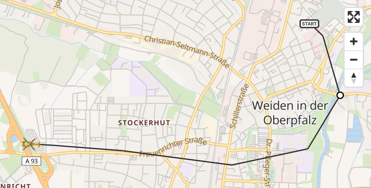 Flugroute Rettungshubschrauber Weiden Hospital - Weiden i.d.OPf., 29 Juni 2026, 06:10