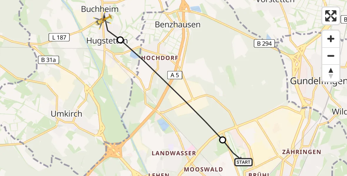 Flugroute Ambulanzhubschrauber Freiburg im Breisgau Flugplatz - March, 29 Juni 2026, 06:12