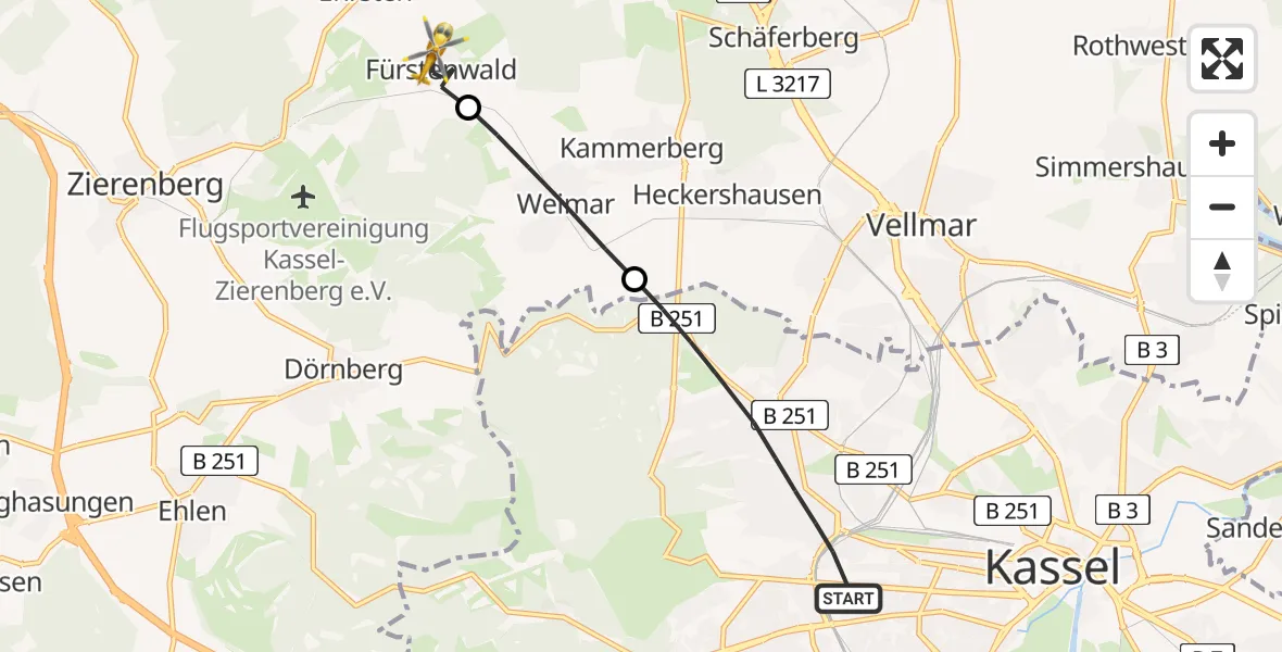 Flugroute Rettungshubschrauber Kassel - Calden, 29 Juni 2026, 06:19