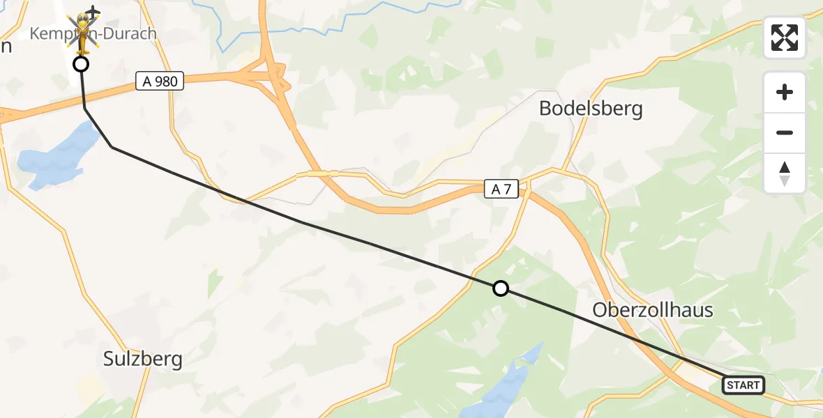 Flugroute Rettungshubschrauber Oy-Mittelberg - Kempten-Durach Flugplatz, 29 Juni 2026, 06:20