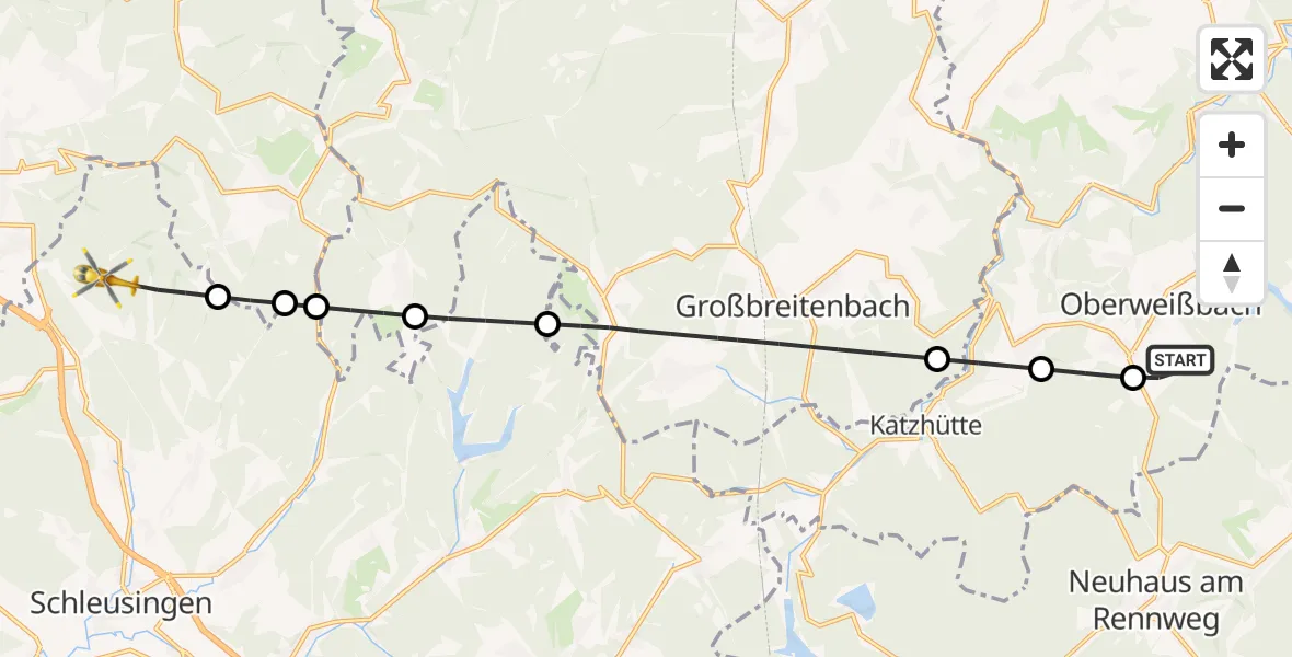 Flugroute Rettungshubschrauber Deesbach - Schleusingen, 29 Juni 2026, 06:23