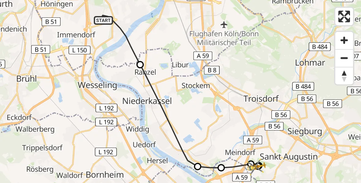 Flugroute Rettungshubschrauber Köln - Sankt Augustin, 29 Juni 2026, 06:24