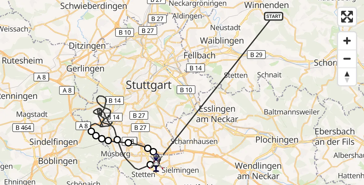 Flugroute Polizeihubschrauber Winnenden - Flughafen Stuttgart, 29 Juni 2026, 06:25