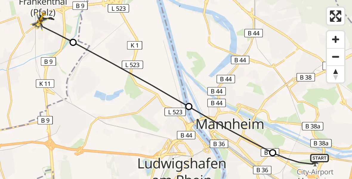 Flugroute Rettungshubschrauber Mannheim-City Flughafen - Frankenthal (Pfalz), 29 Juni 2026, 06:41