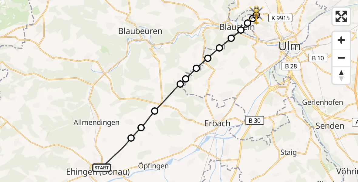 Flugroute Rettungshubschrauber Ehingen (Donau) - ADAC Air Rescue Station Ulm (Christoph 22), 29 Juni 2026, 06:46