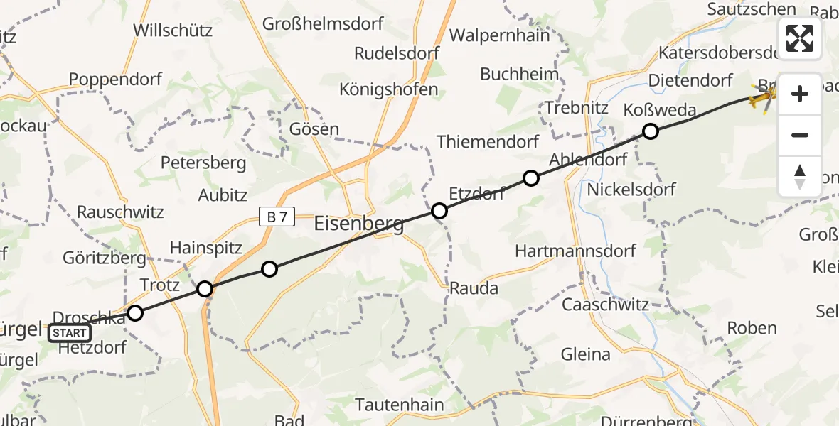 Flugroute Rettungshubschrauber Bürgel - Wetterzeube, 29 Juni 2026, 06:46