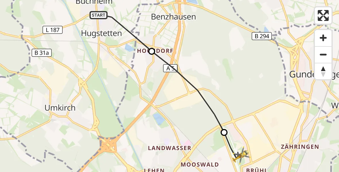 Flugroute Ambulanzhubschrauber March - Freiburg im Breisgau Flugplatz, 29 Juni 2026, 06:47