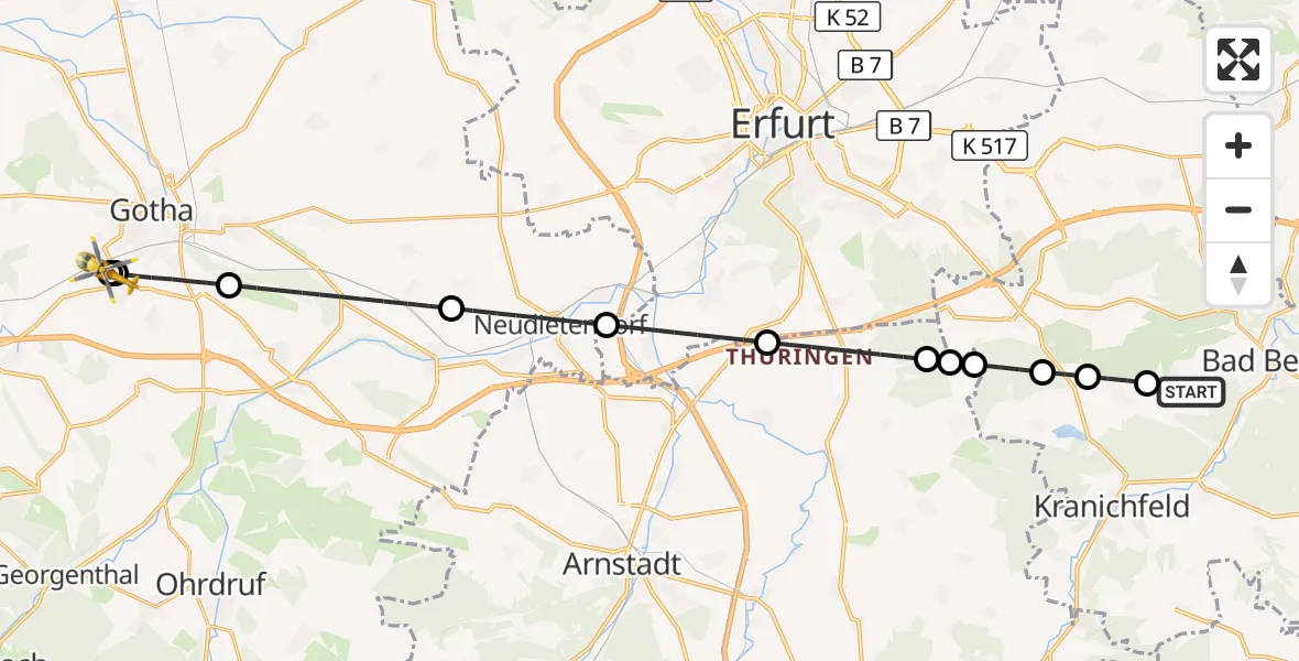 Flugroute Ambulanzhubschrauber Bad Berka - Helios Clinic Gotha, 29 Juni 2026, 06:49
