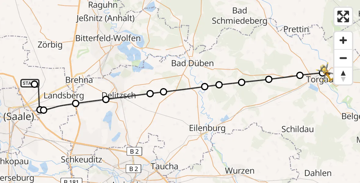 Flugroute Rettungshubschrauber Halle-Oppin Flugplatz - Beilrode, 29 Juni 2026, 06:52