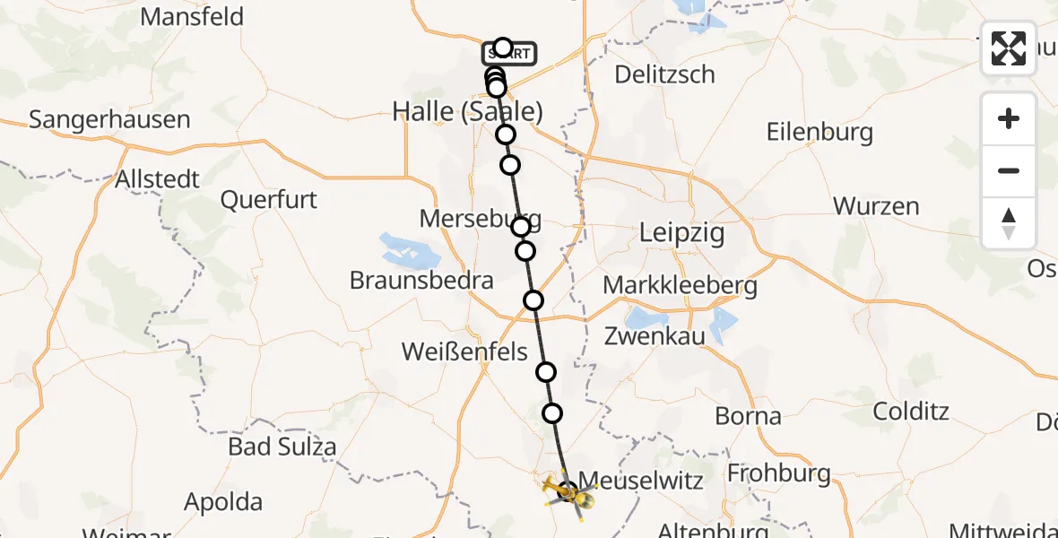 Flugroute Rettungshubschrauber Halle-Oppin Flugplatz - Zeitz Hospital, 29 Juni 2026, 06:54