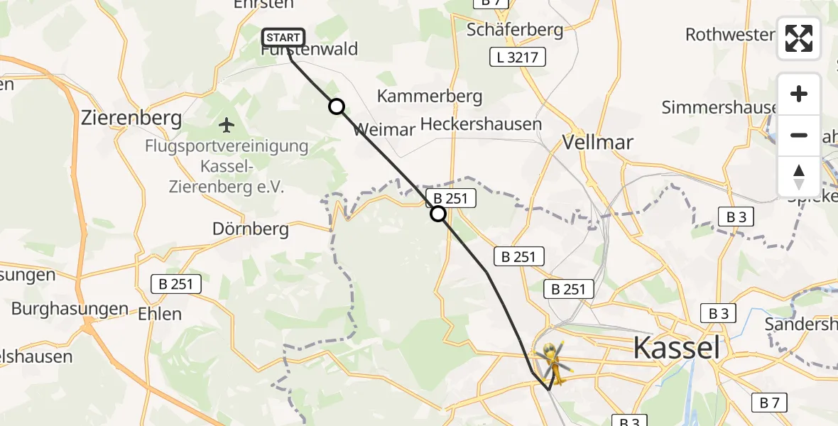 Flugroute Rettungshubschrauber Calden - Kassel, 29 Juni 2026, 06:59