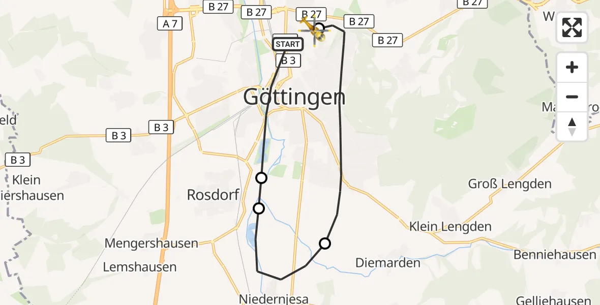 Flugroute Rettungshubschrauber Göttingen - Göttingen University Clinic Hubschrauberlandeplatz, 29 Juni 2026, 07:22