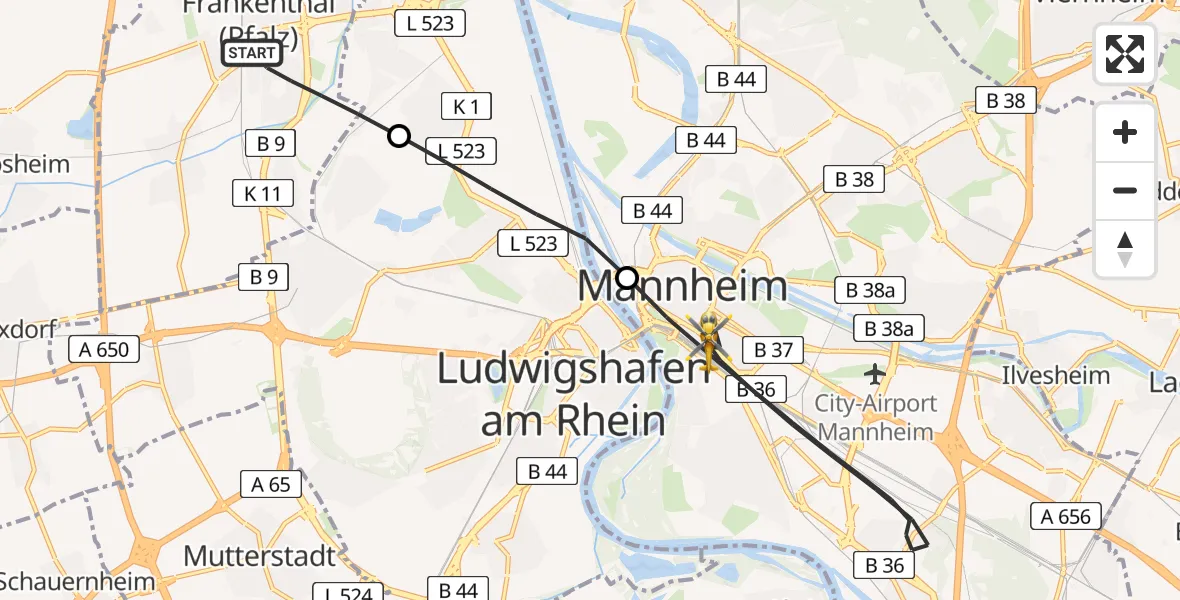 Flugroute Rettungshubschrauber Frankenthal (Pfalz) - Mannheim, 29 Juni 2026, 07:24