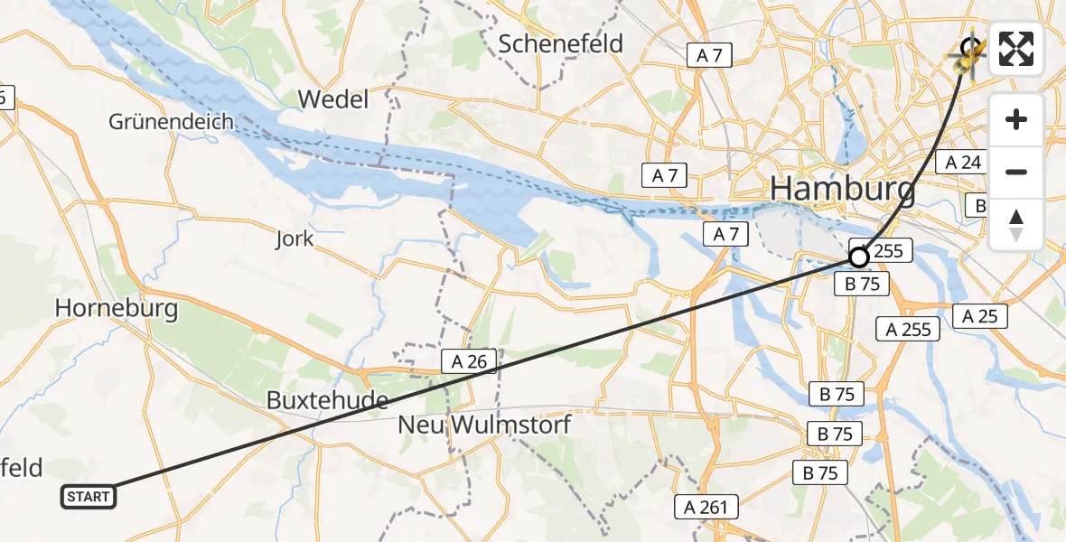 Flugroute Rettungshubschrauber Harsefeld - Hamburg Military Hospital, 29 Juni 2026, 07:24