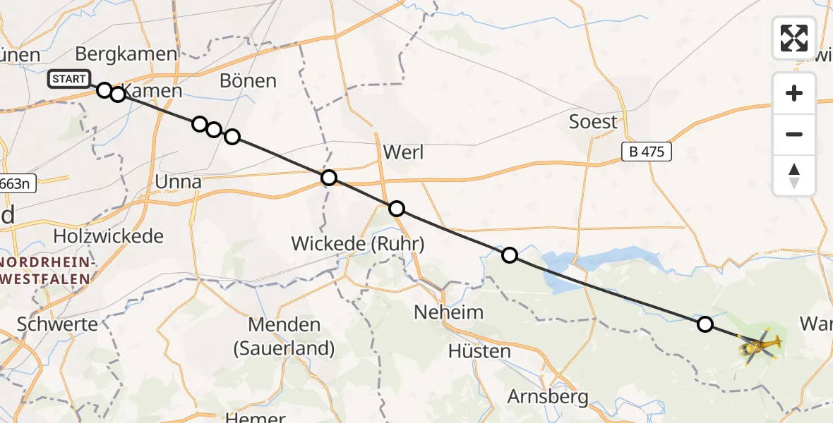 Flugroute Rettungshubschrauber Lünen - Warstein, 29 Juni 2026, 07:30