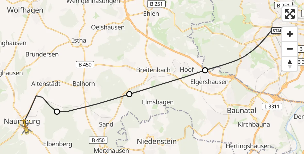 Flugroute Rettungshubschrauber Kassel - Naumburg, 29 Juni 2026, 07:34