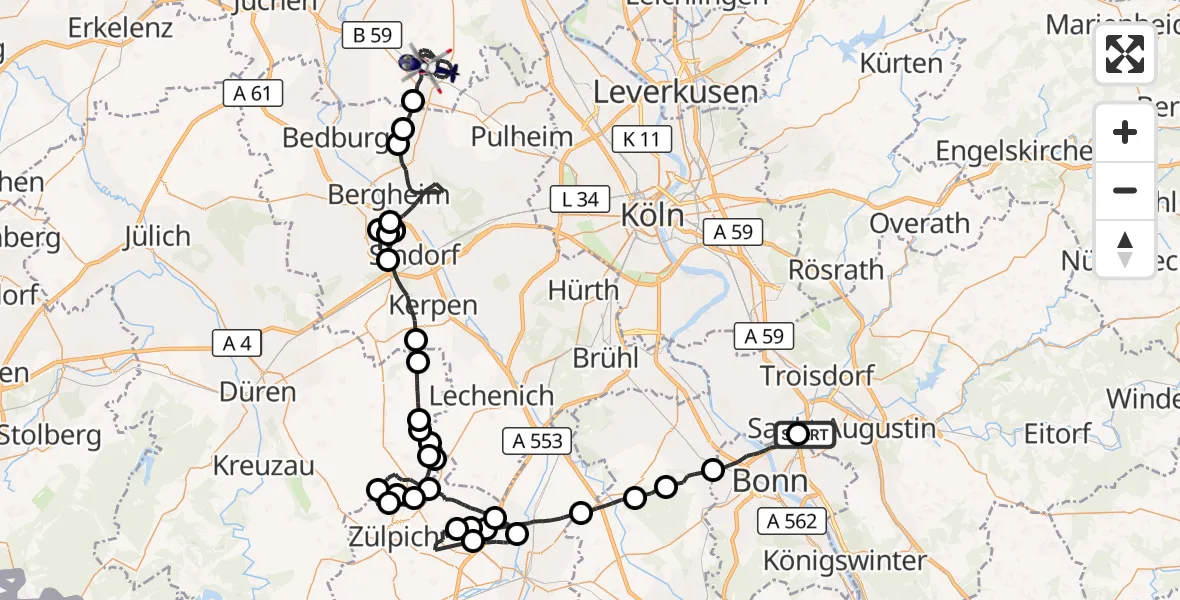 Flugroute Polizeihubschrauber Sankt Augustin - Rommerskirchen, 29 Juni 2026, 07:39