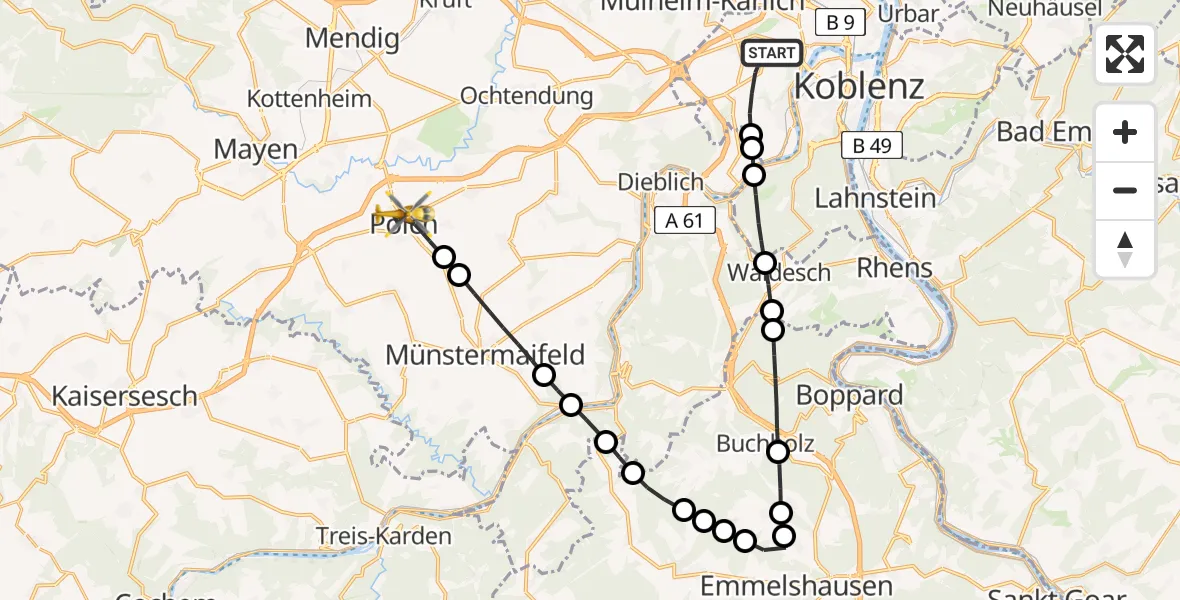Flugroute Rettungshubschrauber Koblenz - Polch, 29 Juni 2026, 07:39