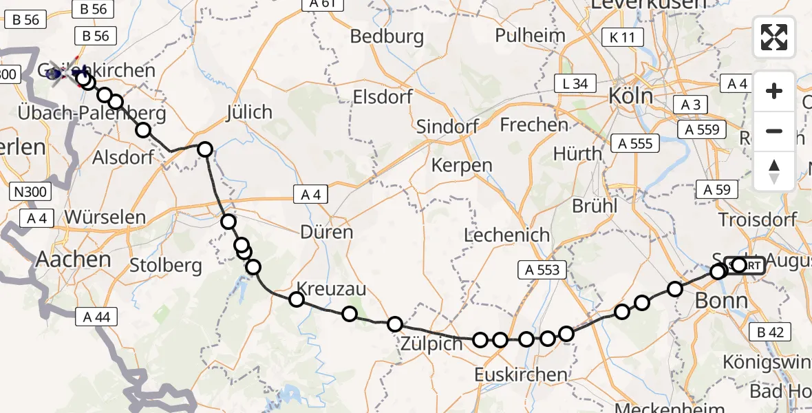 Flugroute Polizeihubschrauber Sankt Augustin - Geilenkirchen, 29 Juni 2026, 07:43