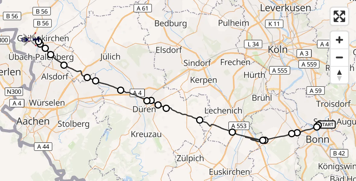 Flugroute Polizeihubschrauber Bonn - Geilenkirchen, 29 Juni 2026, 07:44