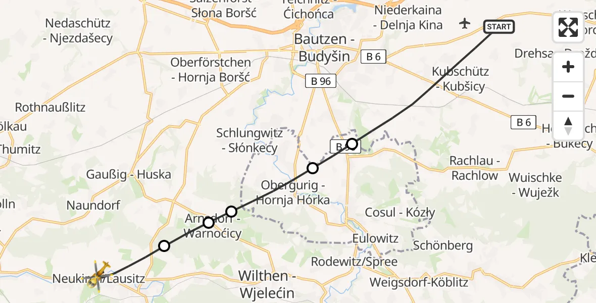 Flugroute Rettungshubschrauber Kubschütz - Neukirch/Lausitz, 29 Juni 2026, 07:49