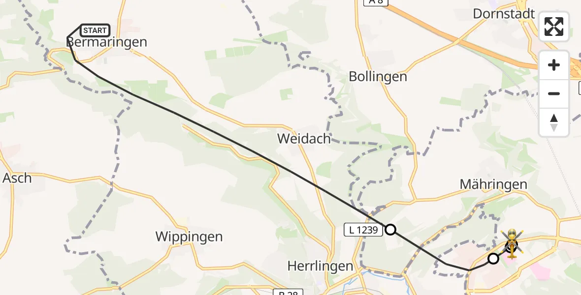 Flugroute Rettungshubschrauber Blaustein - ADAC Air Rescue Station Ulm (Christoph 22), 29 Juni 2026, 07:56