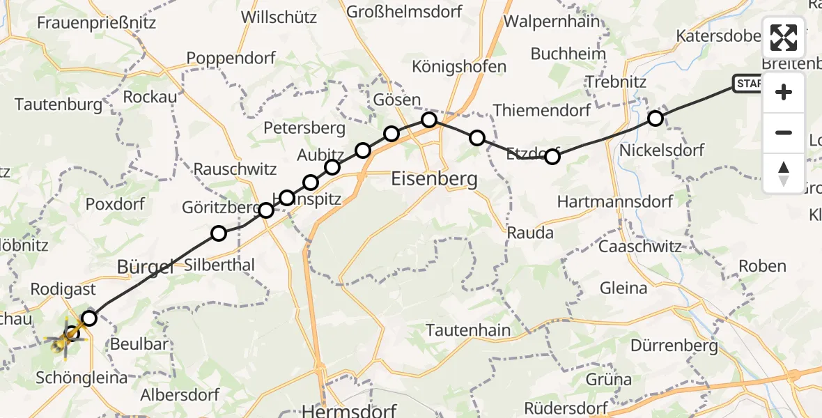 Flugroute Rettungshubschrauber Wetterzeube - Bürgel, 29 Juni 2026, 07:56