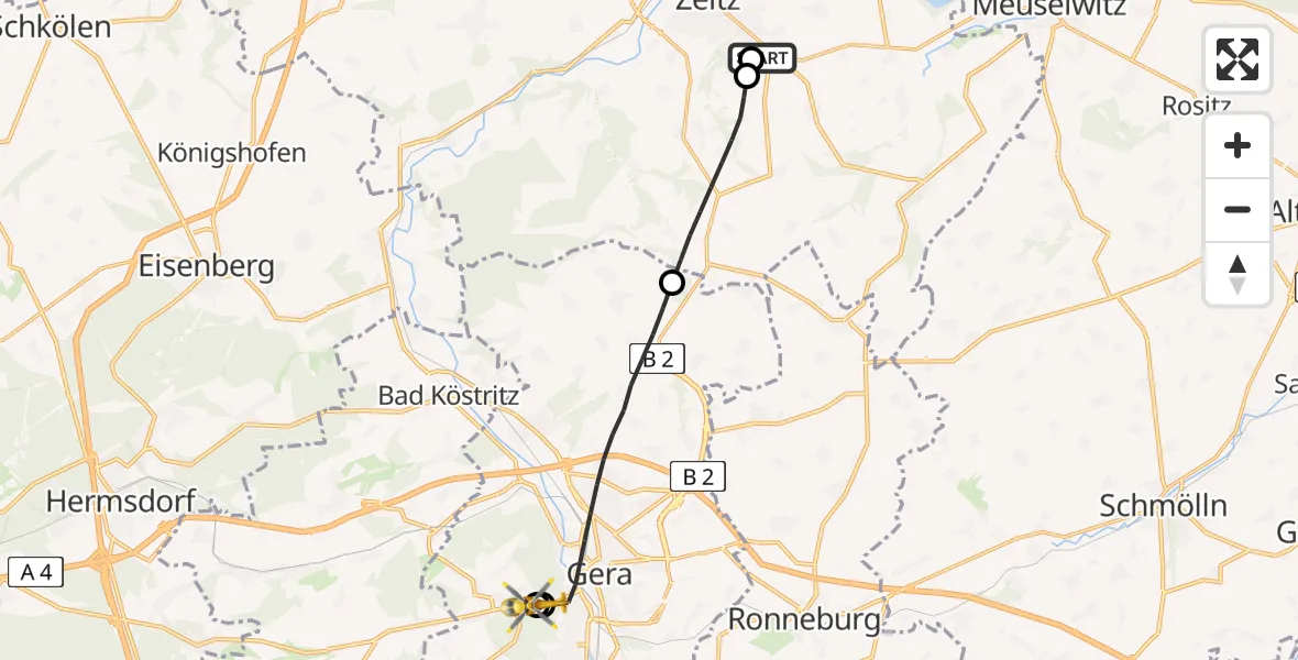 Flugroute Rettungshubschrauber Zeitz Hospital - SRH Wald-Klinikum Gera Hospital, 29 Juni 2026, 08:05