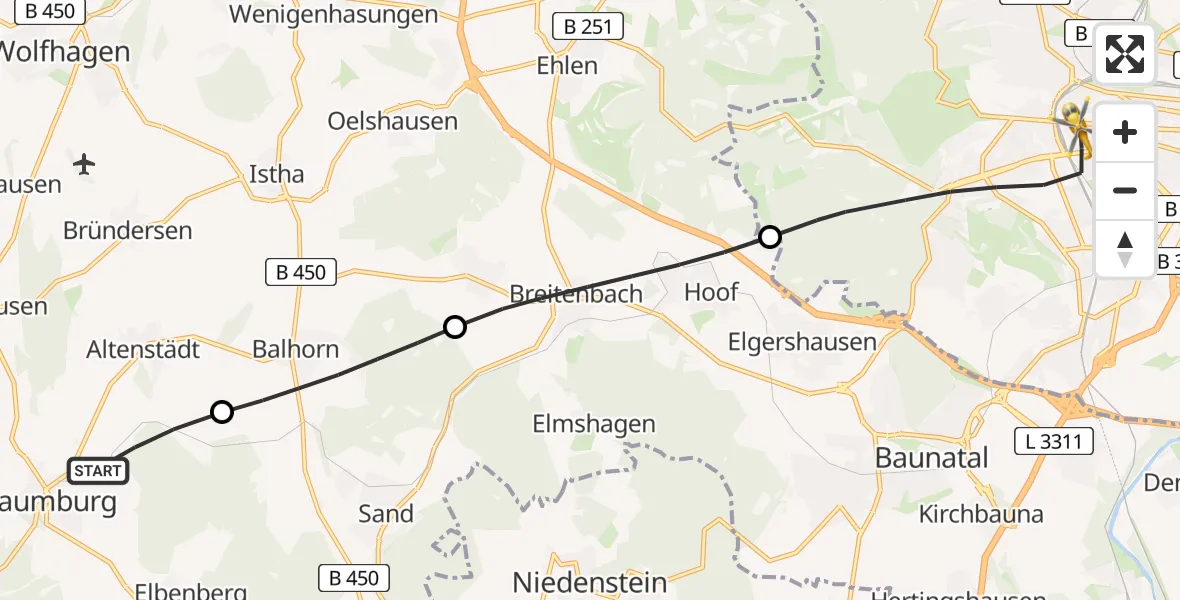 Flugroute Rettungshubschrauber Naumburg - Kassel, 29 Juni 2026, 08:09