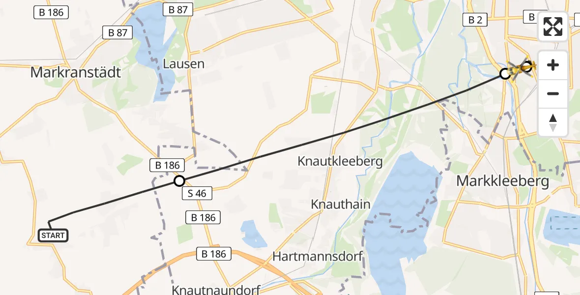 Flugroute Rettungshubschrauber Markranstädt - Sankt Elisabeth Hospital Leipzig, 29 Juni 2026, 08:14