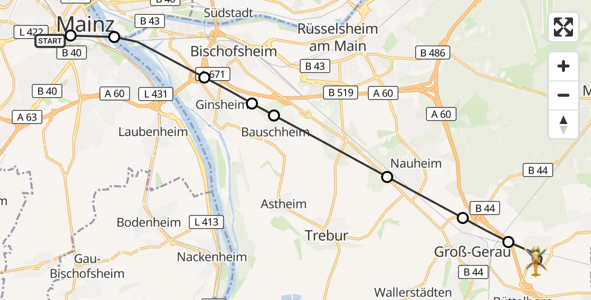 Flugroute Rettungshubschrauber Mainz University Hospital - Büttelborn, 29 Juni 2026, 08:15