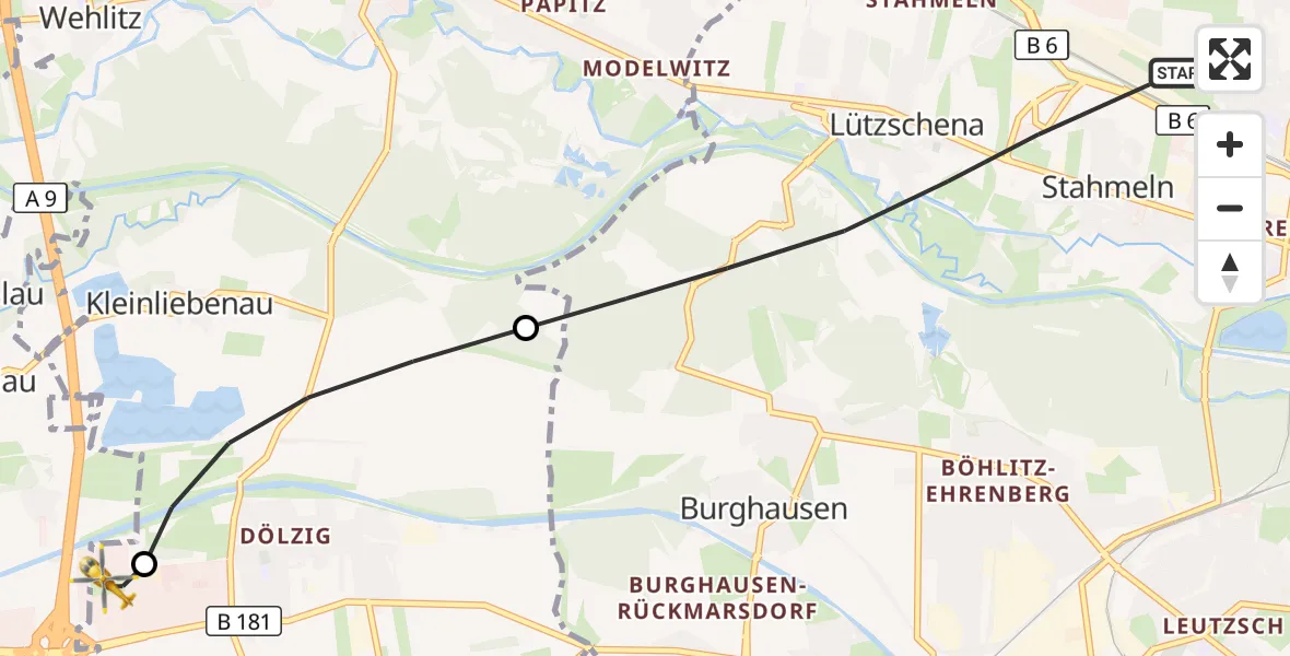 Flugroute Rettungshubschrauber Leipzig - ADAC Air Rescue Station Leipzig/Schkeuditz-Dölzig Hubschrauberlandeplatz (Christoph 61), 29 Juni 2026, 08:20