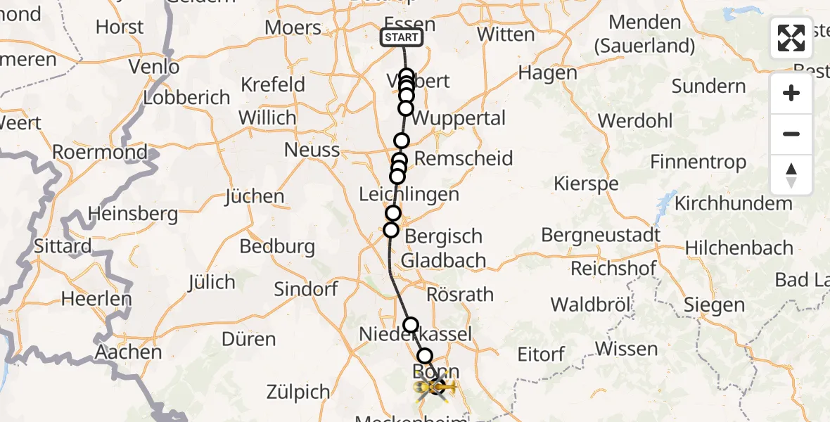 Flugroute Ambulanzhubschrauber Essen - Bonn University Hospital, 29 Juni 2026, 08:21