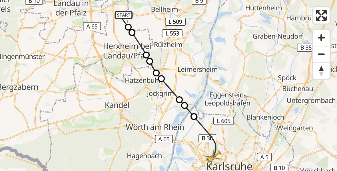 Flugroute Ambulanzhubschrauber Offenbach an der Queich - Karlsruhe, 29 Juni 2026, 08:25