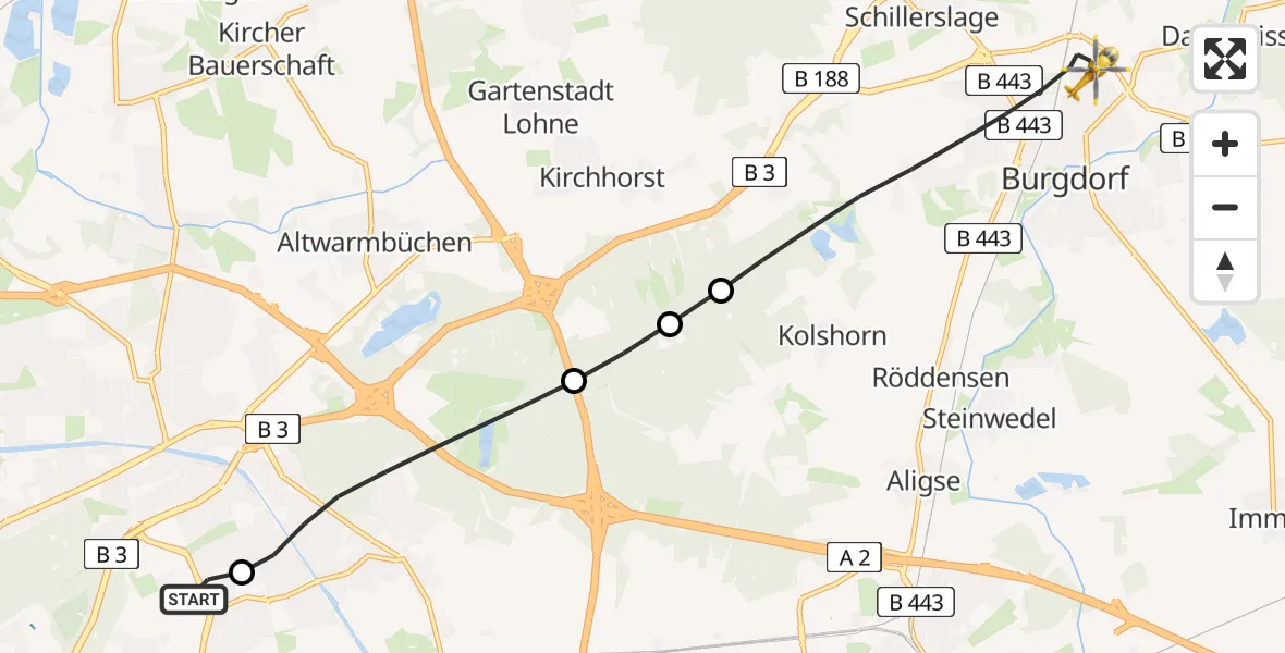 Flugroute Rettungshubschrauber Hannover Luftrettung Hubschrauberlandeplatz (Christoph 4) - Burgdorf, 29 Juni 2026, 08:29