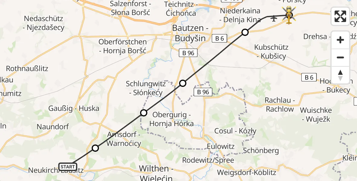 Flugroute Rettungshubschrauber Neukirch/Lausitz - Bautzen Flugplatz, 29 Juni 2026, 08:30