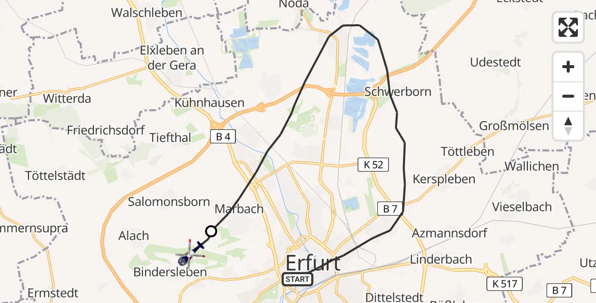 Flugroute Polizeihubschrauber Erfurt - Erfurt-Weimar Flughafen, 29 Juni 2026, 08:30