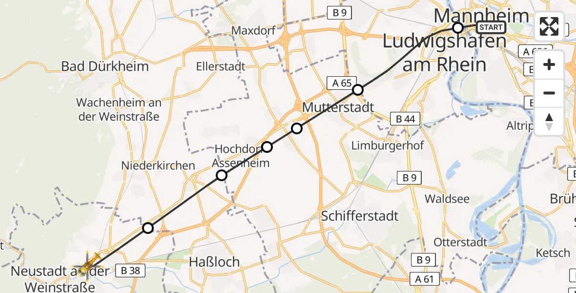 Flugroute Rettungshubschrauber Mannheim - Neustadt an der Weinstraße, 29 Juni 2026, 08:32