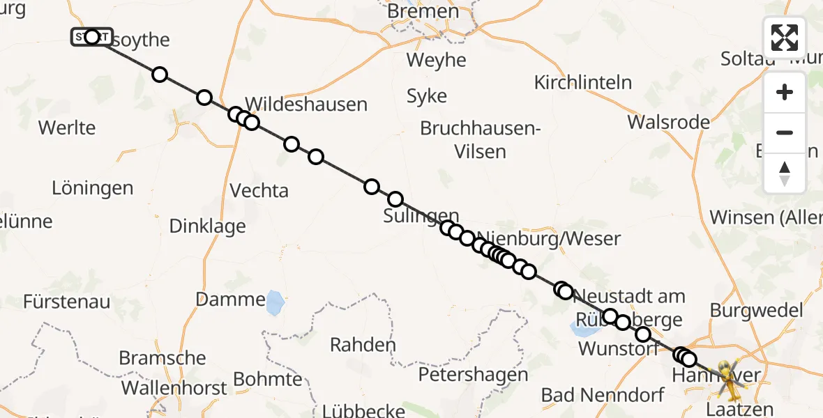 Flugroute Rettungshubschrauber Saterland - Hannover, 29 Juni 2026, 08:41
