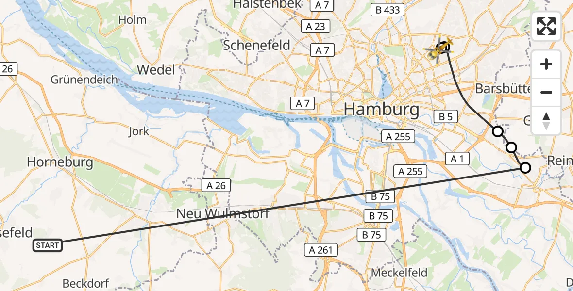 Flugroute Rettungshubschrauber Harsefeld - Hamburg Military Hospital, 29 Juni 2026, 08:45